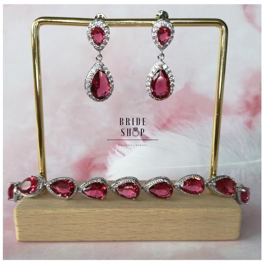 Zestaw ślubnej biżuterii czerwone cyrkonie burgundowe