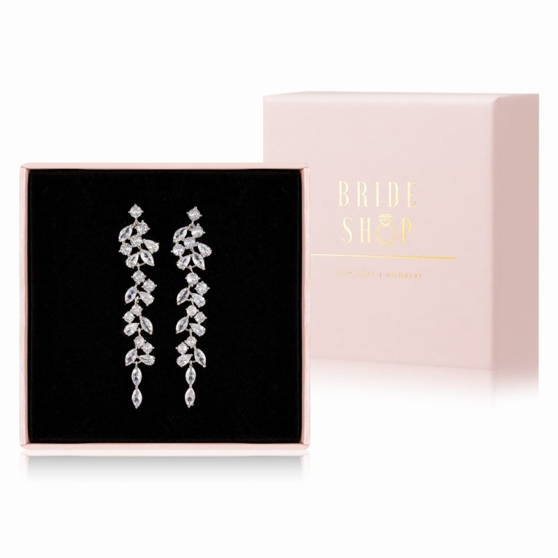 dlugie srebrne kolczyki slubne motyw roslinny