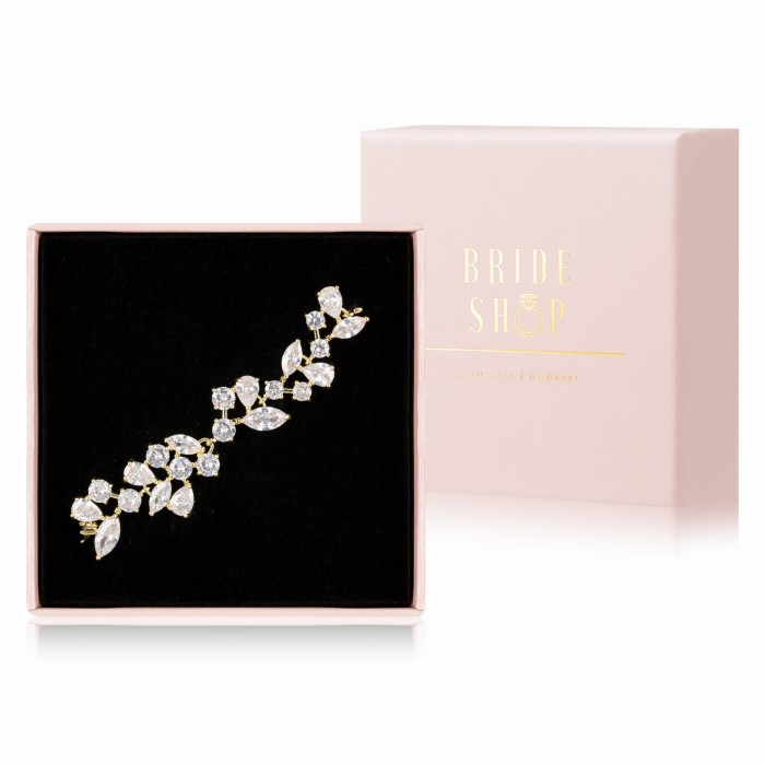 zlota bransoletka slubna z cyrkoniami listkami motyw roslinny