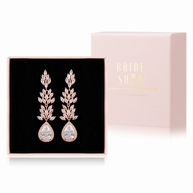 dlugie kolczyki slubne rozowe zloto motyw roslinny