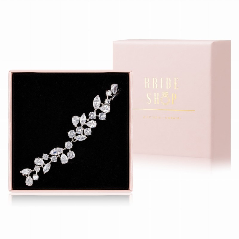 srebrna bransoletka slubna z cyrkoniami motyw roslinny