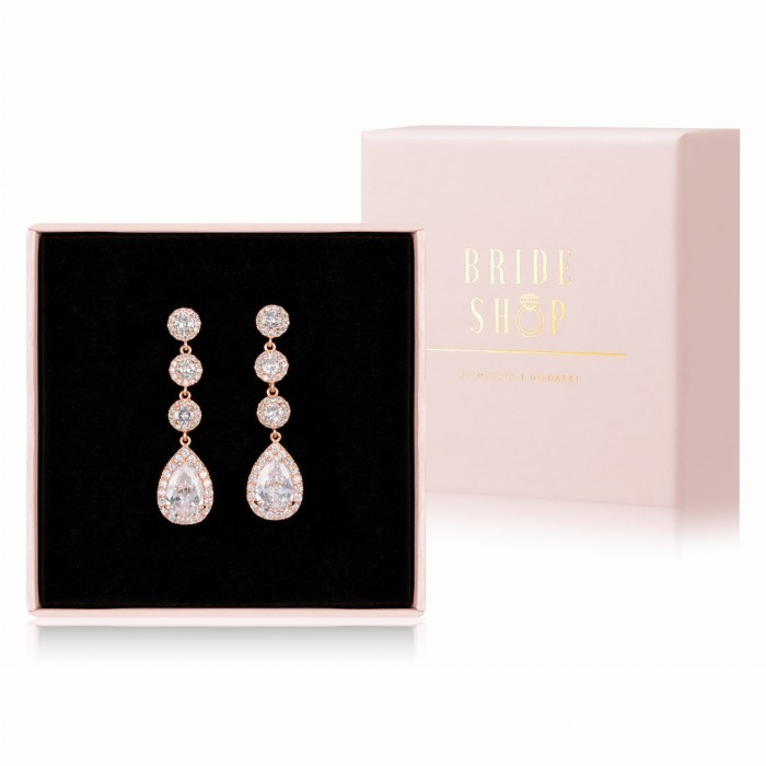 dlugie eleganckie kolczyki slubne rozowe zloto rose gold glamour