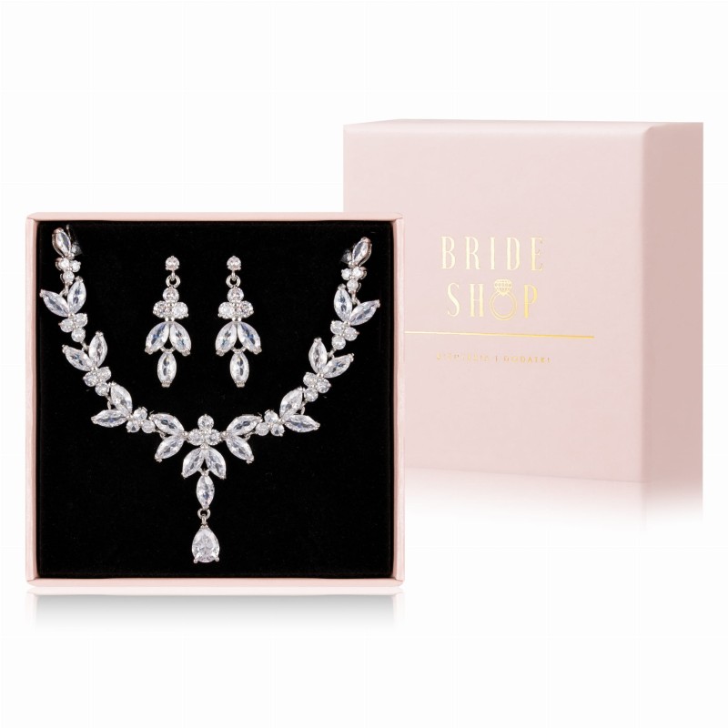 komplet srebrnej bizuterii slubnej z listkami kolczyki naszyjnik