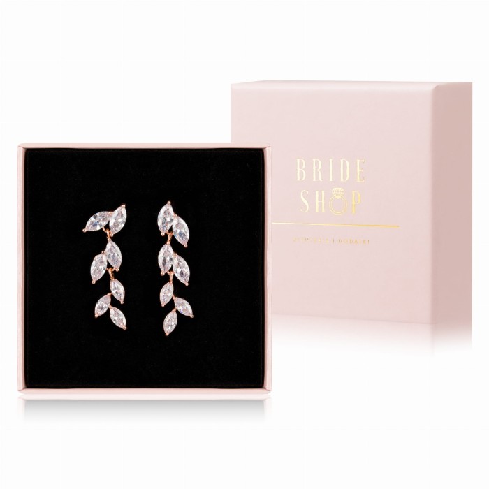 delikatne kolczyki slubne z listkami rozowe zloto rose gold