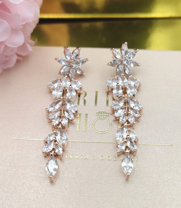 dlugie kolczyki slubne rozowe zloto kolczyki z listkami