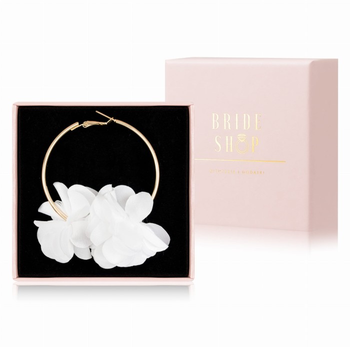 Złote kolczyki koła białe kwiaty