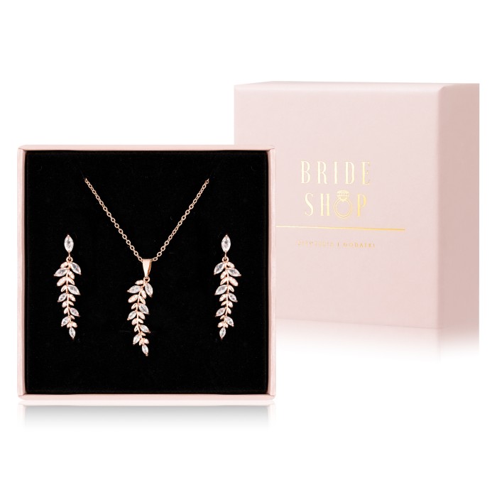 komplet bizuterii slubnej z listkami kolczyki naszyjnik rozowe zloto