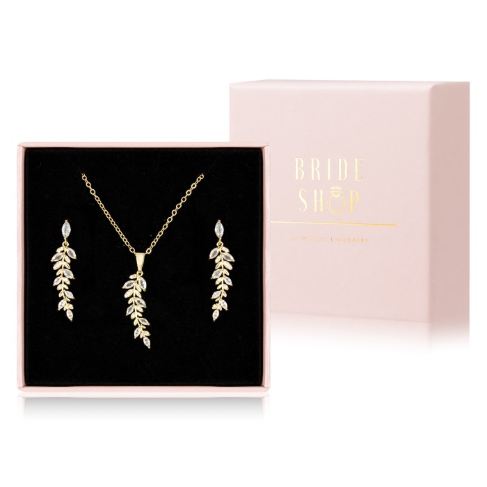 komplet zlotej bizuterii slubnej z listkami kolczyki naszyjnik listki