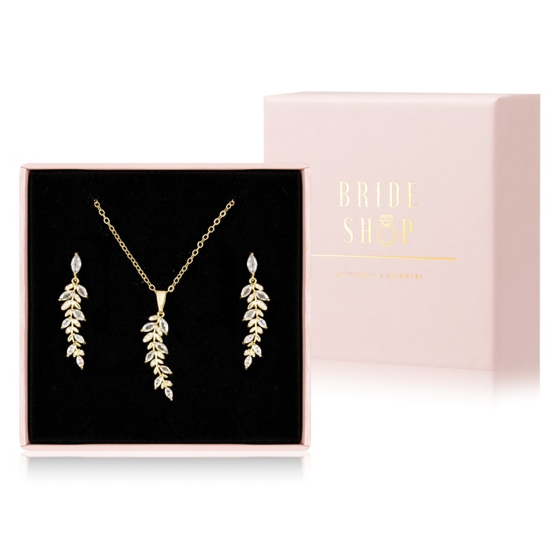 komplet zlotej bizuterii slubnej z listkami kolczyki naszyjnik listki