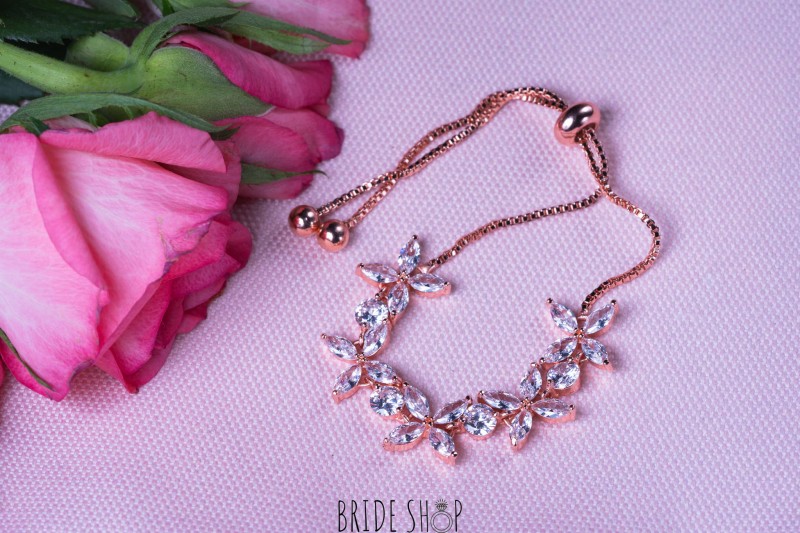 Bransoletka slubna wieczorowa rozowe zloto cyrkonie